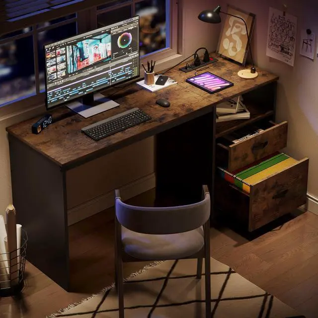 Alt view image 7 of 7 - Bestier 59.84 inch Computer Desk with 2 Storage Drawers Power Outlet and Lift Top Rustic Brown