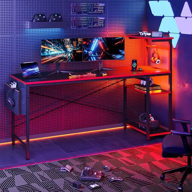 Alt view image 5 of 7 - Bestier 61.3 Inch Gaming Desk, 4 Tier Shelf Computer Desk with LED Lighting, Side Storage Bag and Accessories Hanger for Gaming and Working, Carbon Fiber Black&Red