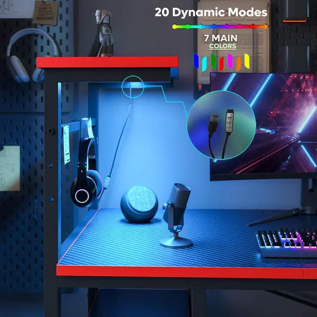 Alt view image 3 of 7 - Bestier 61.3 Inch Gaming Desk, 4 Tier Shelf Computer Desk with LED Lighting, Side Storage Bag and Accessories Hanger for Gaming and Working, Carbon Fiber Black&Red