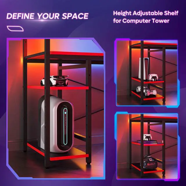 Alt view image 4 of 7 - Bestier 61.3 Inch Gaming Desk, 4 Tier Shelf Computer Desk with LED Lighting, Side Storage Bag and Accessories Hanger for Gaming and Working, Carbon Fiber Black&Red