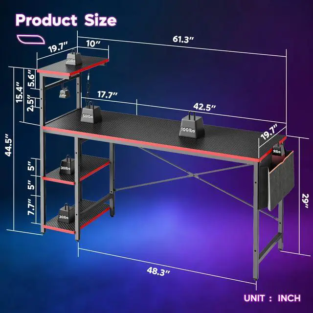 Alt view image 7 of 7 - Bestier 61.3 Inch Gaming Desk, 4 Tier Shelf Computer Desk with LED Lighting, Side Storage Bag and Accessories Hanger for Gaming and Working, Carbon Fiber Black&Red