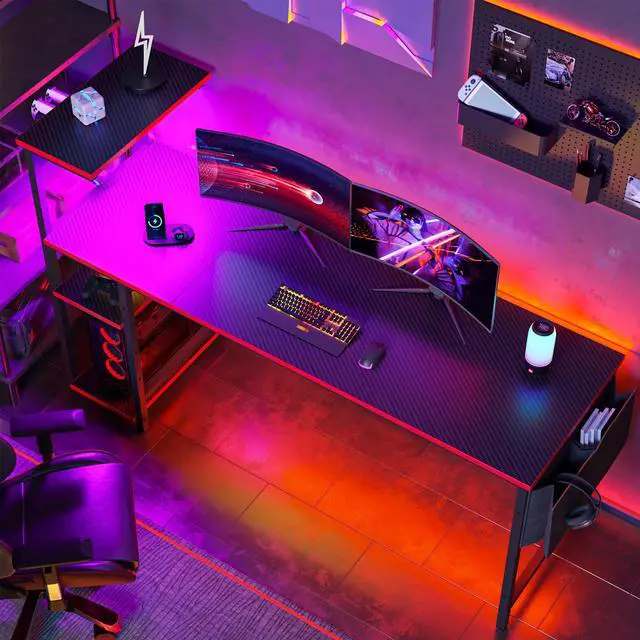 Alt view image 6 of 7 - Bestier 61.3 Inch Gaming Desk, 4 Tier Shelf Computer Desk with LED Lighting, Side Storage Bag and Accessories Hanger for Gaming and Working, Carbon Fiber Black&Red