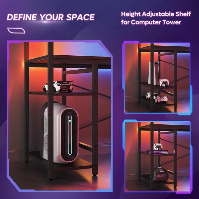 Alt view image 4 of 7 - Bestier 61.3 Gaming Desk with LED Lights, 4-Tier Shelf Computer Desk with Side Storage Bag & Headphone Hook, Black Home Office Workstation