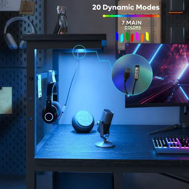 Alt view image 5 of 7 - Bestier 61.3 Gaming Desk with LED Lights, 4-Tier Shelf Computer Desk with Side Storage Bag & Headphone Hook, Black Home Office Workstation