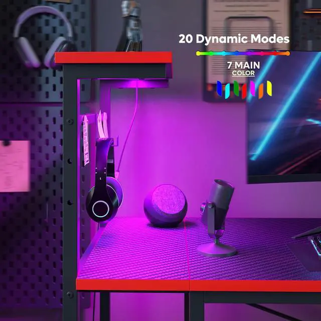 Alt view image 2 of 7 - Bestier 51.2 Inch Gaming Desk, 4 Tier Shelf Computer Desk with LED Lighting, Side Storage Bag and Accessories Hanger for Gaming and Working, Carbon Fiber Black&Red