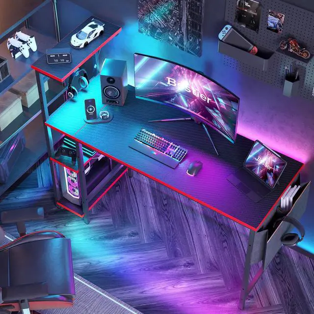 Alt view image 6 of 7 - Bestier 51.2 Inch Gaming Desk, 4 Tier Shelf Computer Desk with LED Lighting, Side Storage Bag and Accessories Hanger for Gaming and Working, Carbon Fiber Black&Red