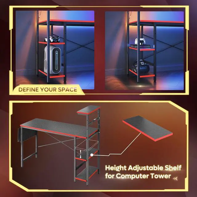 Alt view image 3 of 7 - Bestier 51.2 Inch Gaming Desk, 4 Tier Shelf Computer Desk with LED Lighting, Side Storage Bag and Accessories Hanger for Gaming and Working, Carbon Fiber Black&Red