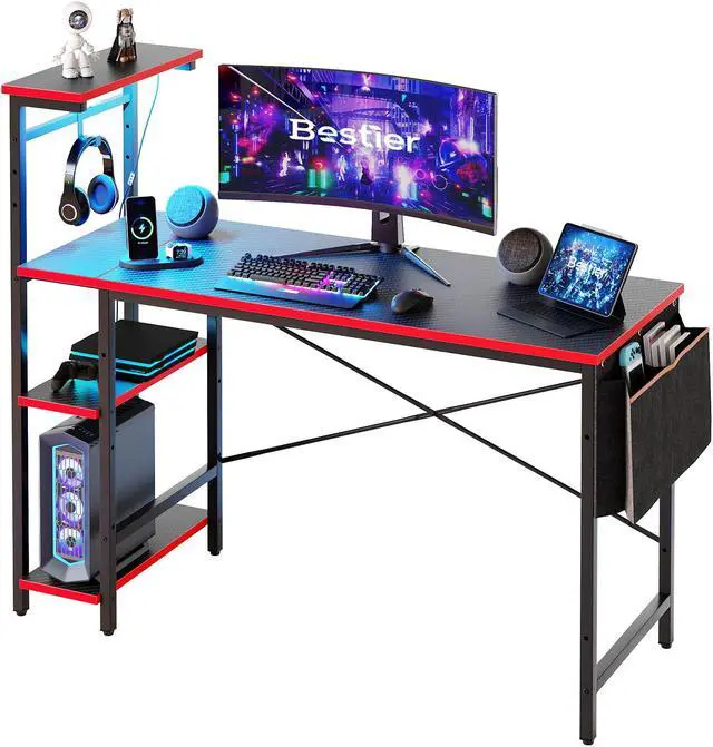 Main image of Bestier 51.2 Inch Gaming Desk, 4 Tier Shelf Computer Desk with LED Lighting, Side Storage Bag and Accessories Hanger for Gaming and Working, Carbon Fiber Black&Red