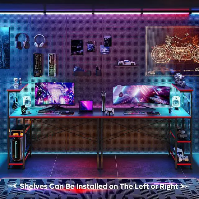 Alt view image 5 of 7 - Bestier 51.2 Inch Gaming Desk, 4 Tier Shelf Computer Desk with LED Lighting, Side Storage Bag and Accessories Hanger for Gaming and Working, Carbon Fiber Black&Red