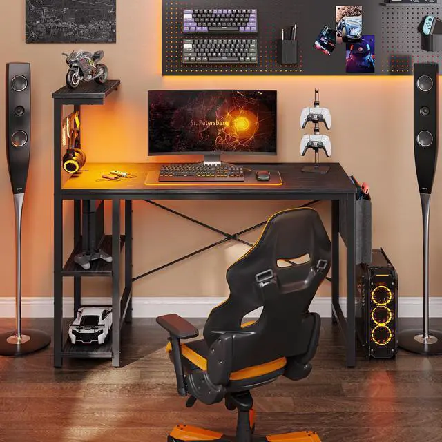Alt view image 5 of 7 - Bestier 44 Inch Gaming Desk, 4 Tier Shelf Computer Desk with LED Lighting, Side Storage Bag and Accessories Hanger for Gaming and Working, Black