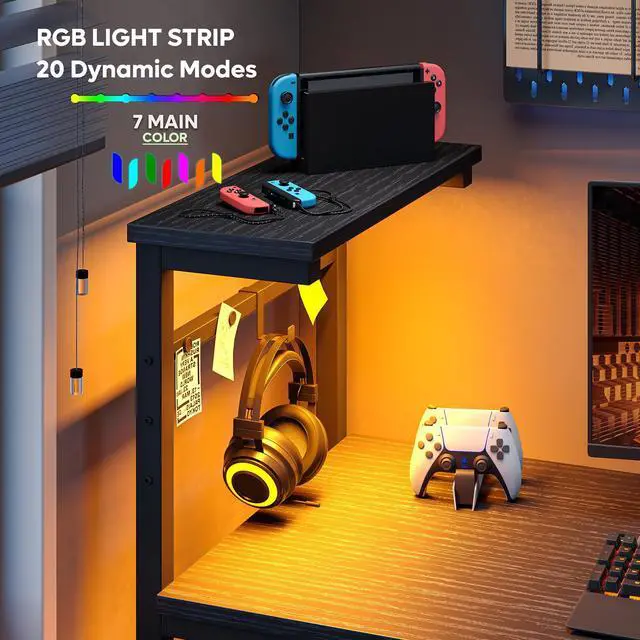 Alt view image 2 of 7 - Bestier 44 Inch Gaming Desk, 4 Tier Shelf Computer Desk with LED Lighting, Side Storage Bag and Accessories Hanger for Gaming and Working, Black