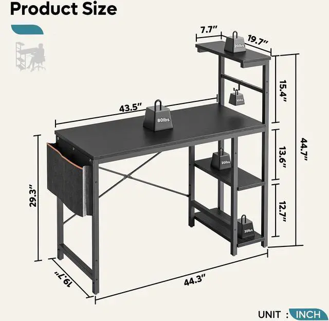 Alt view image 7 of 7 - Bestier 44 Inch Gaming Desk, 4 Tier Shelf Computer Desk with LED Lighting, Side Storage Bag and Accessories Hanger for Gaming and Working, Black