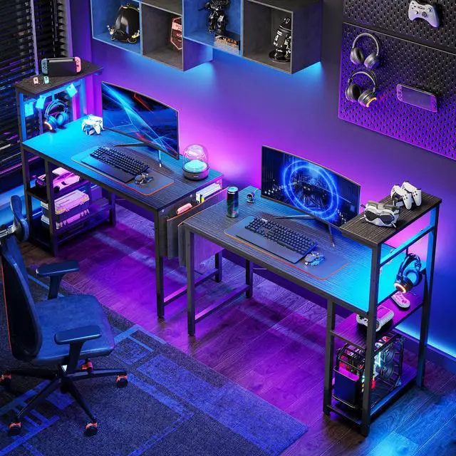 Alt view image 6 of 7 - Bestier 44 Inch Gaming Desk, 4 Tier Shelf Computer Desk with LED Lighting, Side Storage Bag and Accessories Hanger for Gaming and Working, Black
