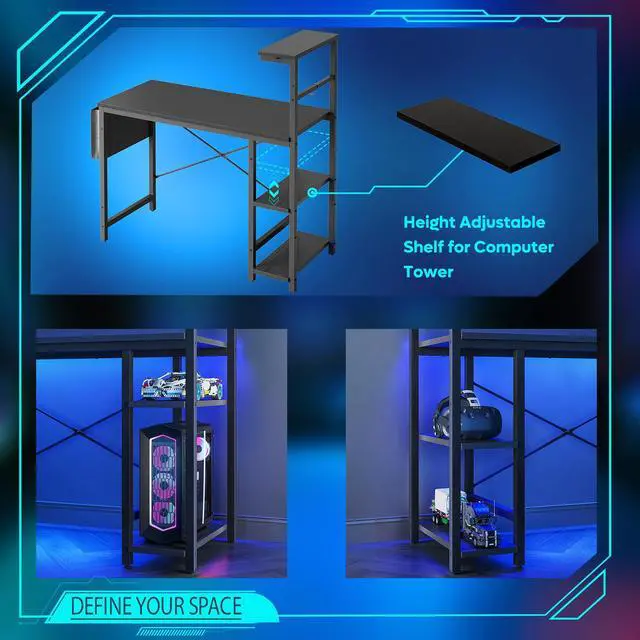 Alt view image 3 of 7 - Bestier 44 Inch Gaming Desk, 4 Tier Shelf Computer Desk with LED Lighting, Side Storage Bag and Accessories Hanger for Gaming and Working, Black