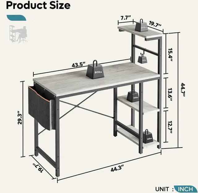Alt view image 7 of 7 - Bestier 44 Inch Gaming Desk, 4 Tier Shelf Computer Desk with LED Lighting, Side Storage Bag and Accessories Hanger for Gaming and Working, Retro Grey