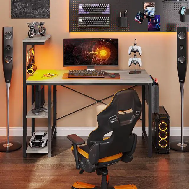 Alt view image 5 of 7 - Bestier 44 Inch Gaming Desk, 4 Tier Shelf Computer Desk with LED Lighting, Side Storage Bag and Accessories Hanger for Gaming and Working, Retro Grey