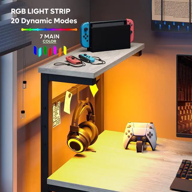 Alt view image 2 of 7 - Bestier 44 Inch Gaming Desk, 4 Tier Shelf Computer Desk with LED Lighting, Side Storage Bag and Accessories Hanger for Gaming and Working, Retro Grey