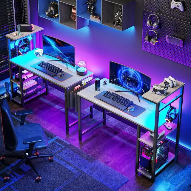Alt view image 6 of 7 - Bestier 44 Inch Gaming Desk, 4 Tier Shelf Computer Desk with LED Lighting, Side Storage Bag and Accessories Hanger for Gaming and Working, Retro Grey