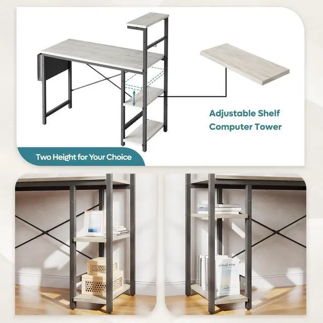Alt view image 3 of 7 - Bestier 44 Inch Gaming Desk, 4 Tier Shelf Computer Desk with LED Lighting, Side Storage Bag and Accessories Hanger for Gaming and Working, Retro Grey