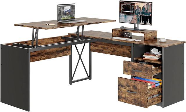 Lift Top L-Shaped Desk, Computer Corner Desks with DrawersRustic Brown