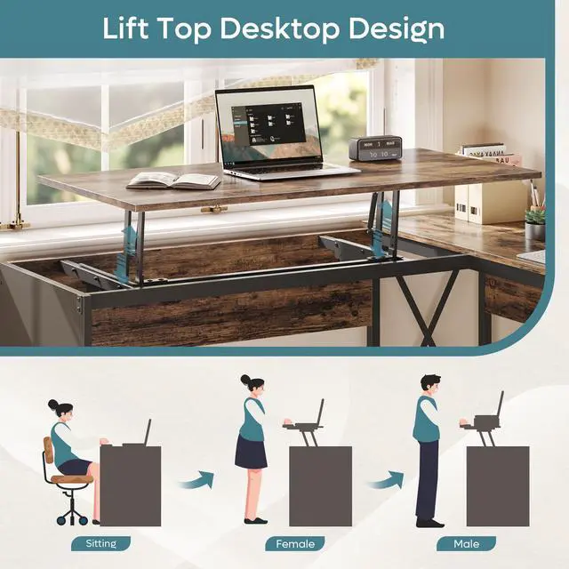Alt view image 2 of 7 - Bestier 95.2" Lift Top L-Shaped Desk with Storage Drawers, 9 Inch Lift Standing Office Desk with Movable Computer Monitor Stand, Rustic Brown