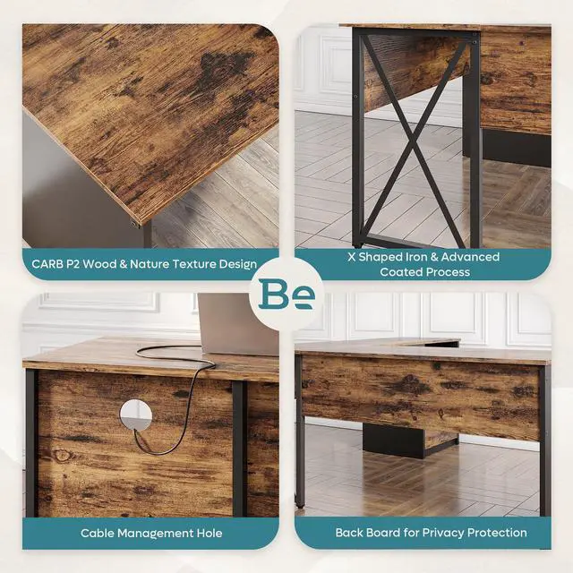 Alt view image 4 of 7 - Bestier 95.2" Lift Top L-Shaped Desk with Storage Drawers, 9 Inch Lift Standing Office Desk with Movable Computer Monitor Stand, Rustic Brown