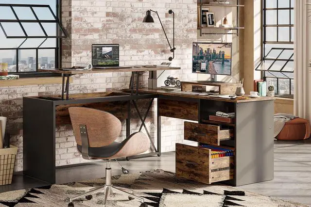 Alt view image 5 of 7 - Bestier 95.2" Lift Top L-Shaped Desk with Storage Drawers, 9 Inch Lift Standing Office Desk with Movable Computer Monitor Stand, Rustic Brown