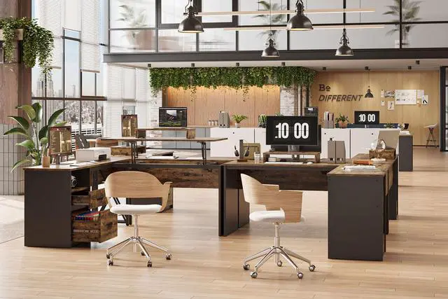 Alt view image 6 of 7 - Bestier 95.2" Lift Top L-Shaped Desk with Storage Drawers, 9 Inch Lift Standing Office Desk with Movable Computer Monitor Stand, Rustic Brown