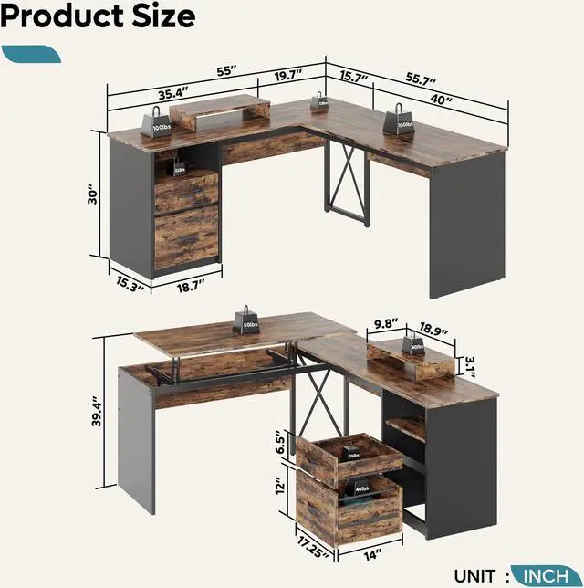 Alt view image 7 of 7 - Bestier 95.2" Lift Top L-Shaped Desk with Storage Drawers, 9 Inch Lift Standing Office Desk with Movable Computer Monitor Stand, Rustic Brown