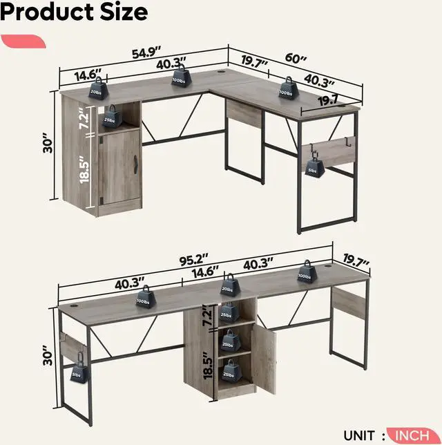 Alt view image 7 of 7 - Bestier Reversible 60 inches L Shaped Computer Desk with Storage Cabinet Long Desk for 2 Person Wash Gray