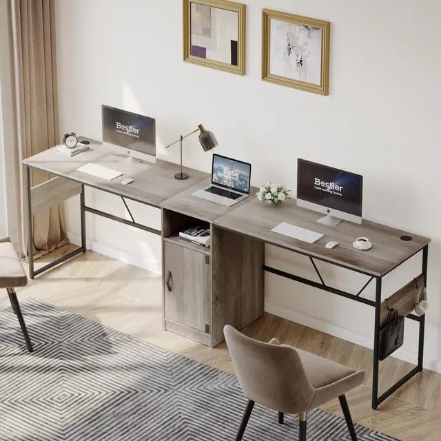 Alt view image 6 of 7 - Bestier Reversible 60 inches L Shaped Computer Desk with Storage Cabinet Long Desk for 2 Person Wash Gray