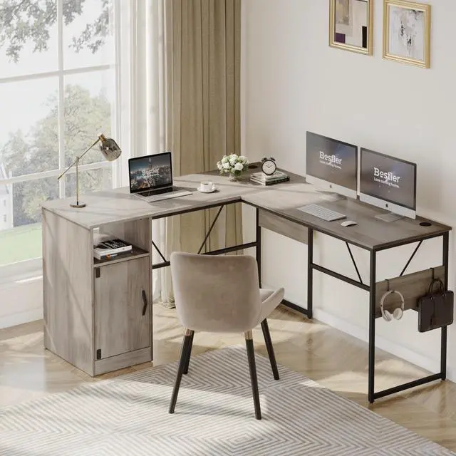 Alt view image 2 of 7 - Bestier Reversible 60 inches L Shaped Computer Desk with Storage Cabinet Long Desk for 2 Person Wash Gray