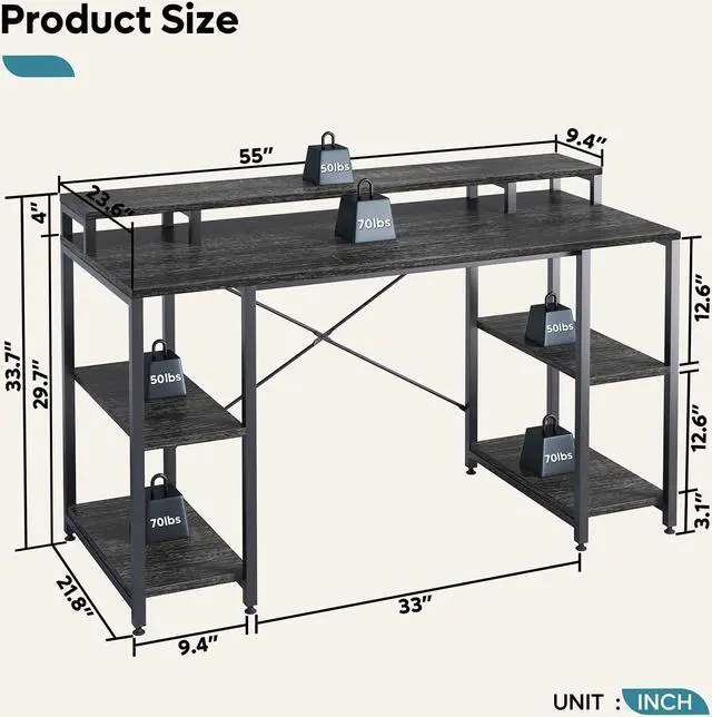 Alt view image 7 of 7 - Bestier Gaming Desk with Monitor Shelf, 55 inches Home Office Desk with Open Storage Shelves, Writing Study Table Workstation for Small Space, Black Chalcoal