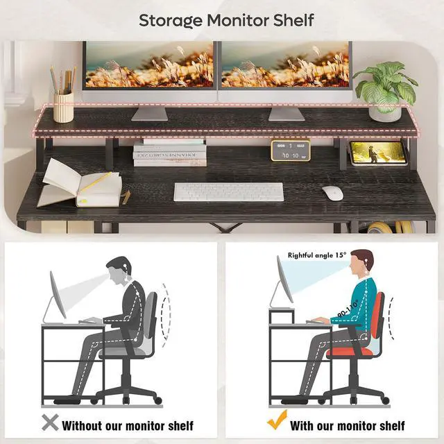 Alt view image 2 of 7 - Bestier Gaming Desk with Monitor Shelf, 55 inches Home Office Desk with Open Storage Shelves, Writing Study Table Workstation for Small Space, Black Chalcoal