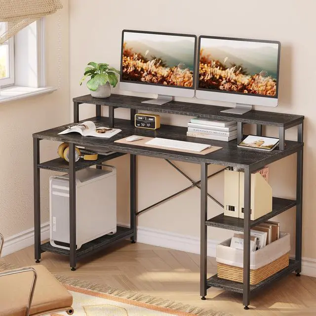 Alt view image 5 of 7 - Bestier Gaming Desk with Monitor Shelf, 55 inches Home Office Desk with Open Storage Shelves, Writing Study Table Workstation for Small Space, Black Chalcoal