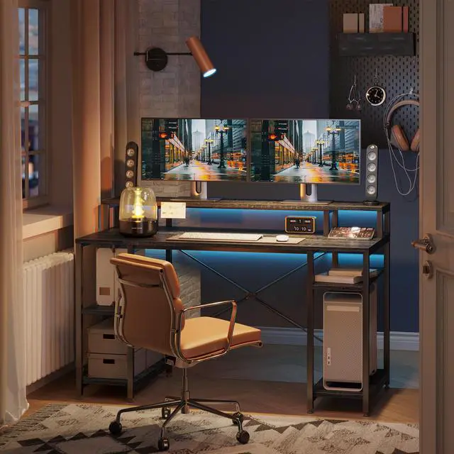 Alt view image 6 of 7 - Bestier Gaming Desk with Monitor Shelf, 55 inches Home Office Desk with Open Storage Shelves, Writing Study Table Workstation for Small Space, Black Chalcoal