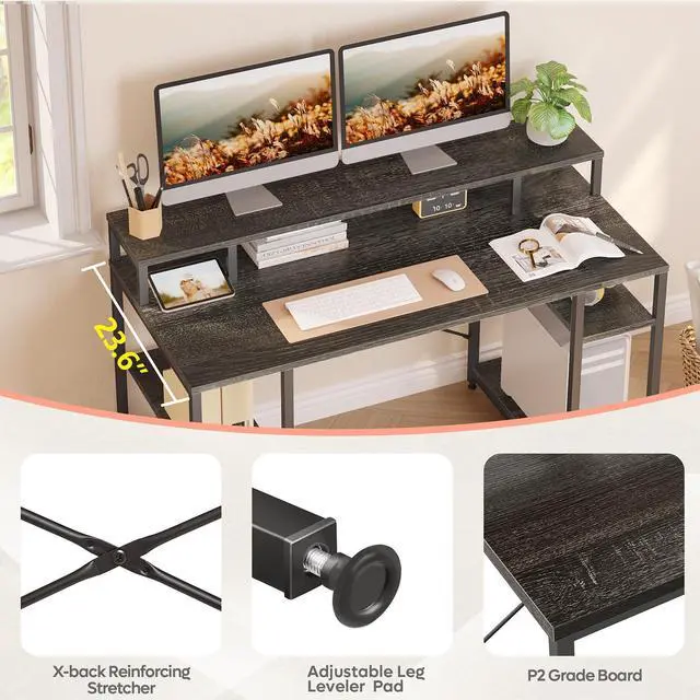 Alt view image 4 of 7 - Bestier Gaming Desk with Monitor Shelf, 55 inches Home Office Desk with Open Storage Shelves, Writing Study Table Workstation for Small Space, Black Chalcoal