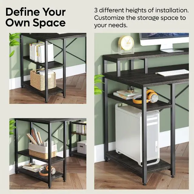 Alt view image 3 of 7 - Bestier Gaming Desk with Monitor Shelf, 55 inches Home Office Desk with Open Storage Shelves, Writing Study Table Workstation for Small Space, Black Chalcoal