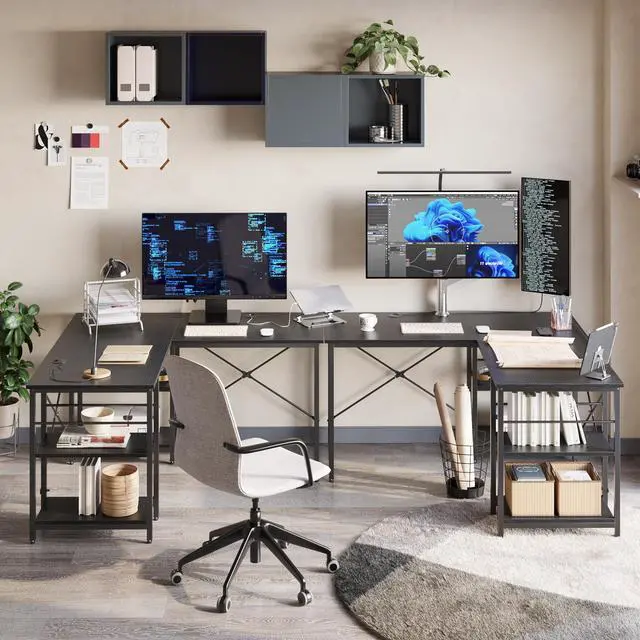 Alt view image 6 of 7 - Bestier Desk with Shelves 86 Inch Reversible Corner Computer Desk or 2 Person Long Table for Home Office Large Gaming Writing Storage Workstation P2 Board with 3 Cable Holes,Black