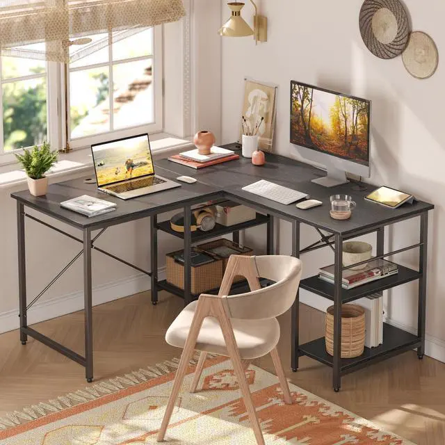 Alt view image 2 of 7 - Bestier Desk with Shelves 86 Inch Reversible Corner Computer Desk or 2 Person Long Table for Home Office Large Gaming Writing Storage Workstation P2 Board with 3 Cable Holes,Black