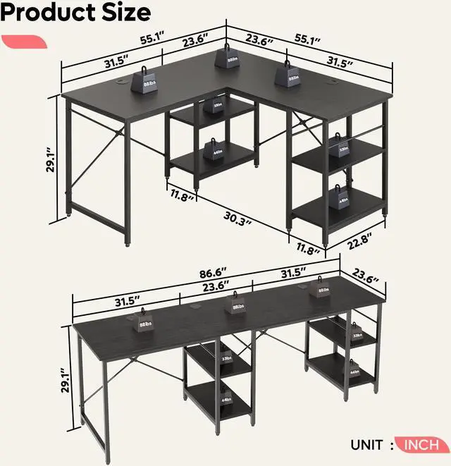 Alt view image 7 of 7 - Bestier Desk with Shelves 86 Inch Reversible Corner Computer Desk or 2 Person Long Table for Home Office Large Gaming Writing Storage Workstation P2 Board with 3 Cable Holes,Black