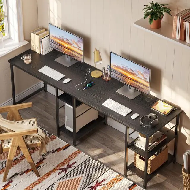 Alt view image 3 of 7 - Bestier Desk with Shelves 86 Inch Reversible Corner Computer Desk or 2 Person Long Table for Home Office Large Gaming Writing Storage Workstation P2 Board with 3 Cable Holes,Black