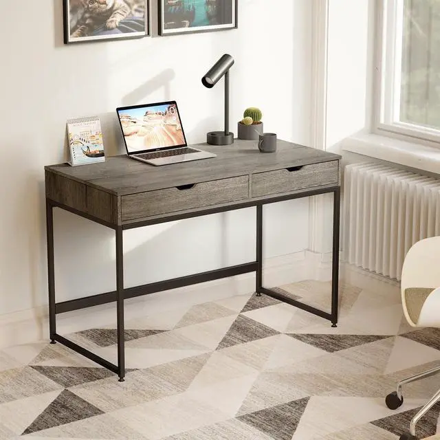 Alt view image 2 of 7 - Bestier Small Rectangular Office Writing Computer Workstation Vanity Makeup Desk Minimal Elegant Simple Style with 2 Large Drawers, Gray