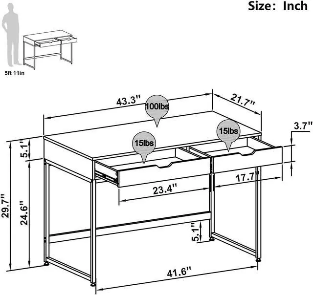 Alt view image 7 of 7 - Bestier Small Rectangular Office Writing Computer Workstation Vanity Makeup Desk Minimal Elegant Simple Style with 2 Large Drawers, Gray