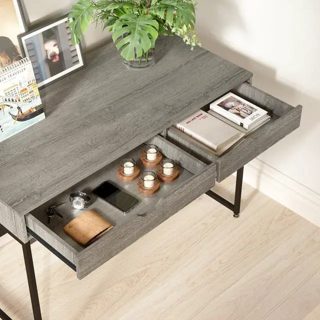 Alt view image 5 of 7 - Bestier Small Rectangular Office Writing Computer Workstation Vanity Makeup Desk Minimal Elegant Simple Style with 2 Large Drawers, Gray