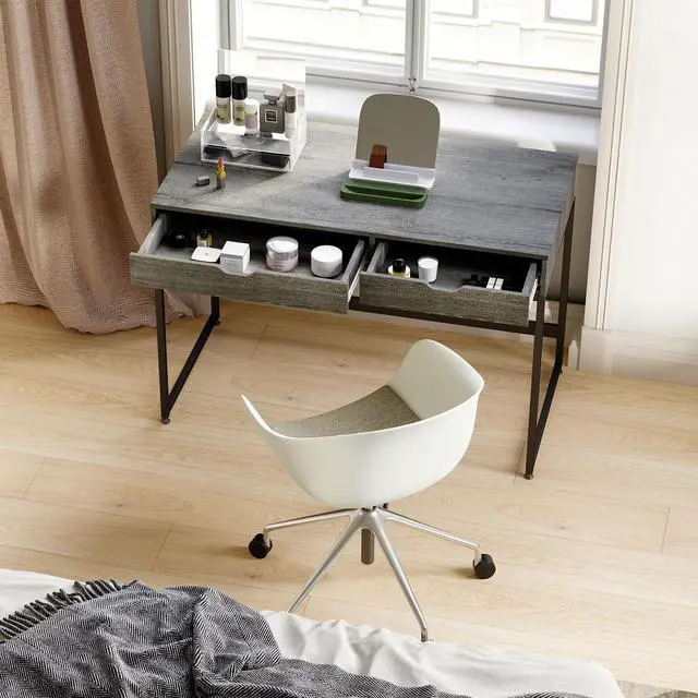 Alt view image 3 of 7 - Bestier Small Rectangular Office Writing Computer Workstation Vanity Makeup Desk Minimal Elegant Simple Style with 2 Large Drawers, Gray