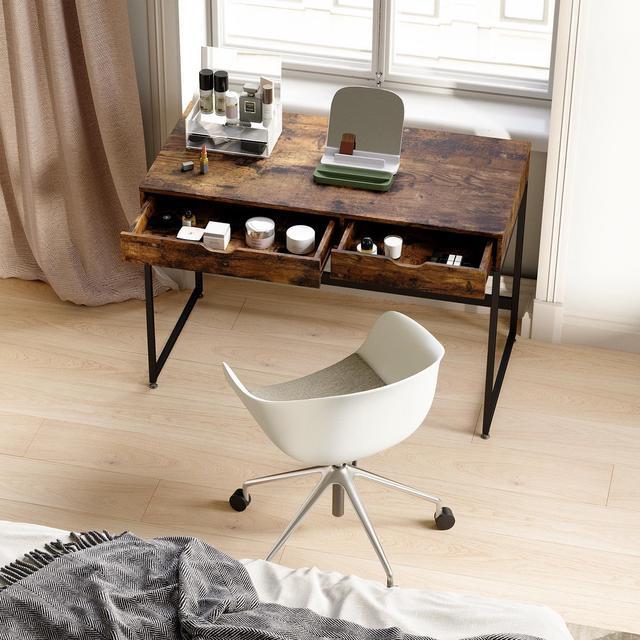 Alt view image 3 of 7 - Bestier Small Rectangular Office Writing Computer Workstation Vanity Makeup Desk Minimal Elegant Simple Style with 2 Large Drawers, Rustic Brown