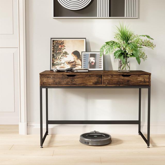 Alt view image 4 of 7 - Bestier Small Rectangular Office Writing Computer Workstation Vanity Makeup Desk Minimal Elegant Simple Style with 2 Large Drawers, Rustic Brown