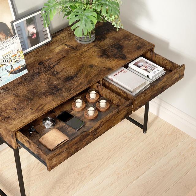 Alt view image 5 of 7 - Bestier Small Rectangular Office Writing Computer Workstation Vanity Makeup Desk Minimal Elegant Simple Style with 2 Large Drawers, Rustic Brown