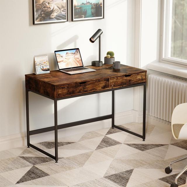 Alt view image 2 of 7 - Bestier Small Rectangular Office Writing Computer Workstation Vanity Makeup Desk Minimal Elegant Simple Style with 2 Large Drawers, Rustic Brown